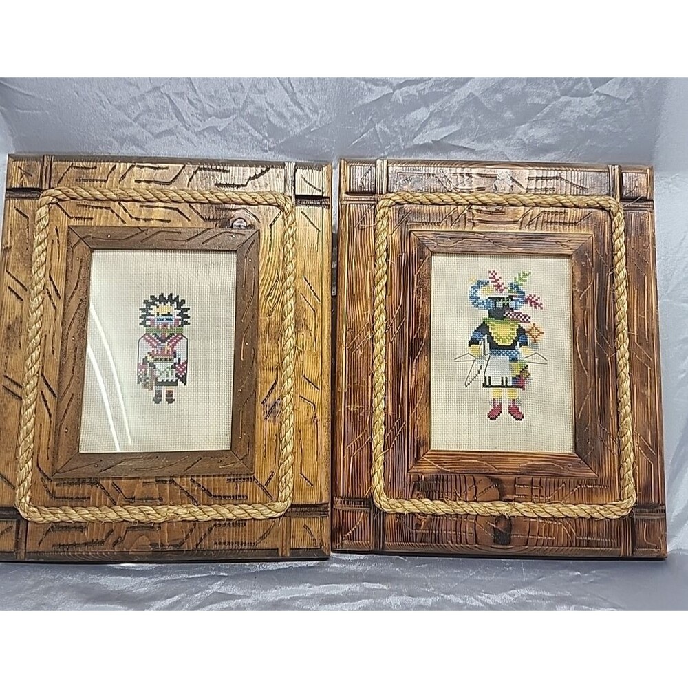 VTG Kachina Doll Cross Stitch Needlepoint Framed  13 x 11" Native Art set of 2